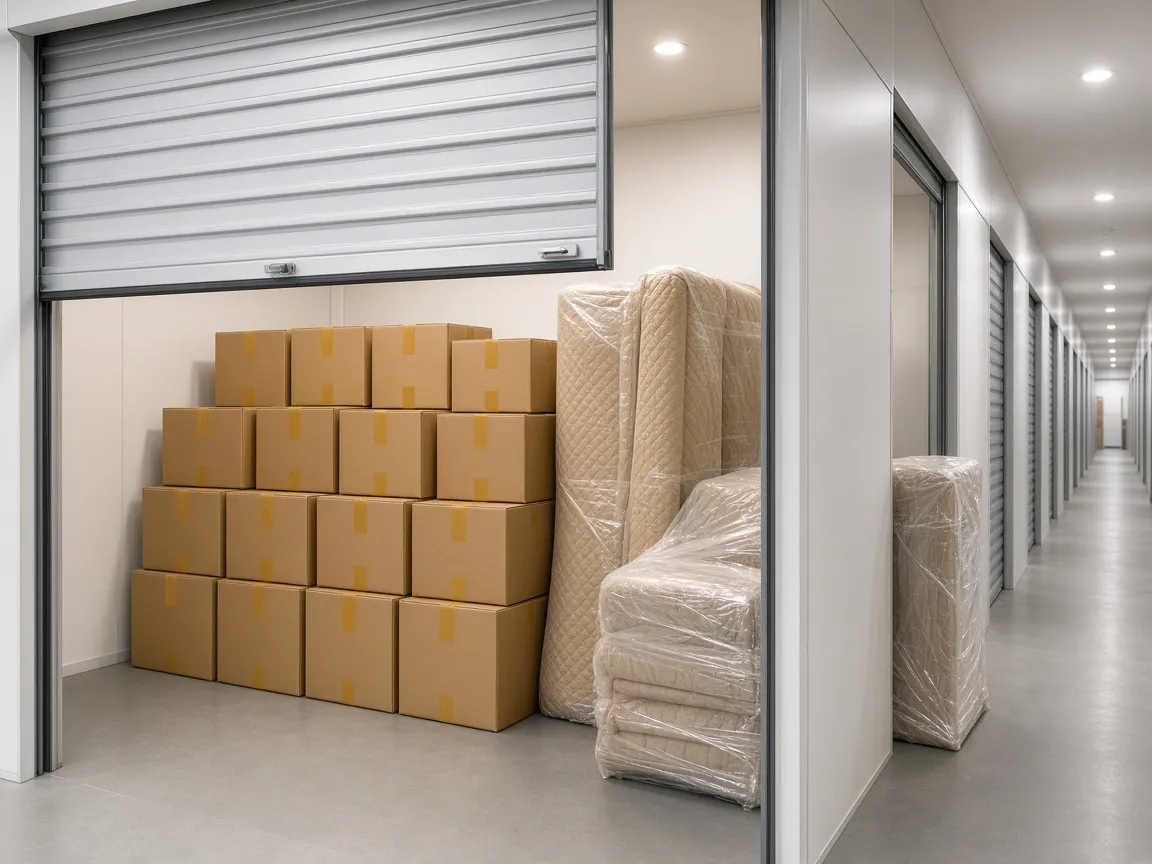 Box de guarda-móveis com caixas e móveis embalados